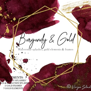 Bourgondië aquarel spatten rode wijn gouden kaders borstels Splatter illustraties bruiloft clipart graphics texturen achtergronden uitnodigingen png