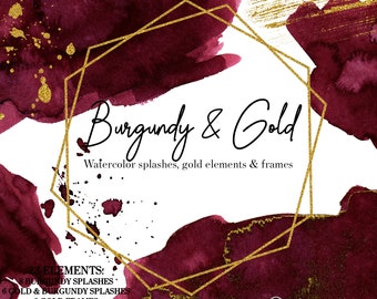 Burgundy Watercolor Splashes Red Wine Gold Frames Brushes Splatter Clip Art Wedding Clipart  Graphics Textures Backgrounds Invitations PNG