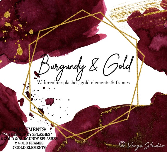 Burgundy Watercolor Splashes Red Wine Gold Frames Brushes Splatter Clip Art Wedding Clipart  Graphics Textures Backgrounds Invitations PNG