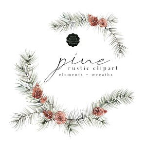 Clipart di pini, acquerello, clipart di pini, rami di pino invernali, pigne, ghirlande natalizie rustiche, sempreverdi, steli di verde