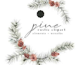 Pine Clipart Watercolor Pines Clip Art Winter Pine Branches Pine Cones Yuletide Rustic Christmas Wreaths Woodland Evergreen Greenery Stems
