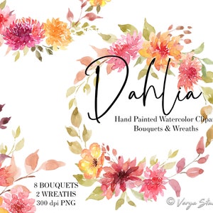 Aquarell Blumen Clipart Blumensträuße Kränze Hochzeit Clipart Dahlie Blumenkranz Blumenstrauß Grafiken Pfirsich Burgund violett Clip Art PNG