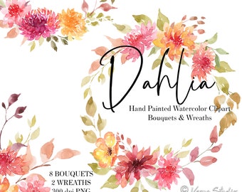 Watercolor Flowers Clipart Bouquets Wreaths Wedding Clipart Dahlia Floral Wreath Bouquet Graphics Peach Burgundy Blush Violet Clip Art PNG