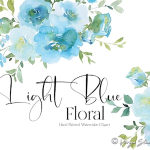 Clipart floreale acquerello azzurro pastello Clip art di fiori azzurri Foglie verdi Verde Botanico Primavera Estate Matrimonio Grafica PNG
