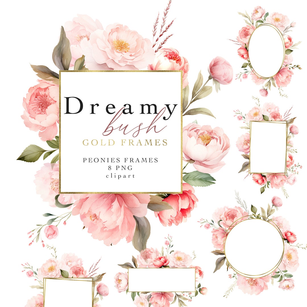 Blush Pink Floral Clipart Watercolor Peonies & Gold Frames Collection ...