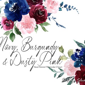 Burgundowy Granatowy Róż Akwarela Kwiatowy Clipart Kwiaty Clip Art Dusty Rose Ciemnoczerwone Wino Bordowy Niebieski Różowy Bukiet Granica Ślubna Grafika PNG