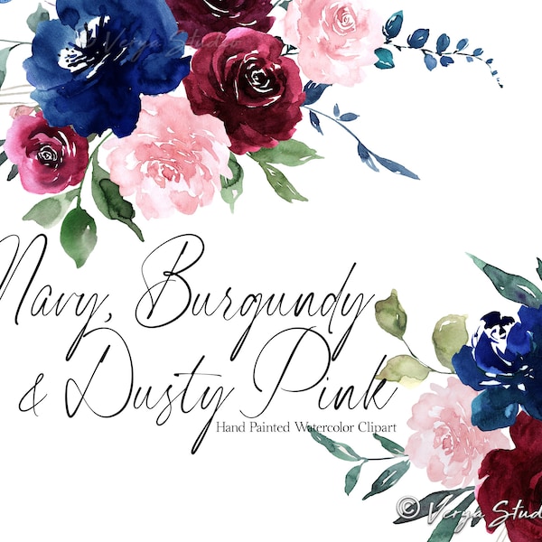 Burgundy Navy Blush Watercolor Floral Clipart Flowers Clip Art Dusty Rose Dark Red Wine Maroon Blue Pink Bouquet Border Wedding Graphics PNG