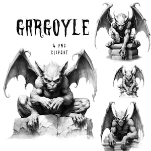 Gargoyle Clipart Halloween Clip Art Gothic Pencil Drawing Illustrations Sublimation Junk Journals Vintage Ephemera 4 PNG