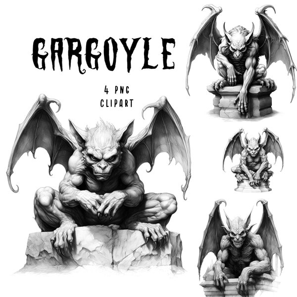 Gargoyle Clipart Halloween Clip Art Gothic Pencil Drawing Illustrations Sublimation Junk Journals Vintage Ephemera 4 PNG