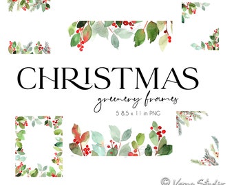 Clipart cadres de Noël hiver baies verdure Clip Art feuilles vertes branches de pin bordures de fruits rouges cartes de vœux Invitations DIY 5 PNG