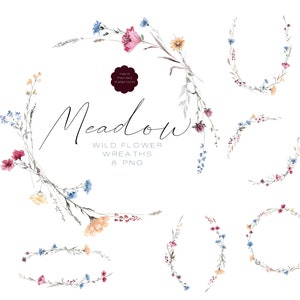 Clipart fleurs sauvages aquarelle couronnes de fleurs Clip Art, couronne de petites fleurs, bordures florales, fleurs des prés, fleurs sauvages mariage graphique PNG