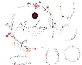 Wild Flower Clipart Watercolor Floral Wreaths Clip Art, Tiny Blooms Wreath, Floral Borders, Meadow Flowers, Wildflowers Wedding Graphics PNG