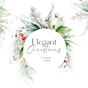 Rustieke kerst frame clipart aquarel winter clip art groenblijvende groen botanische krans rode bessen dennenstelen bos bladeren png PNGEgg