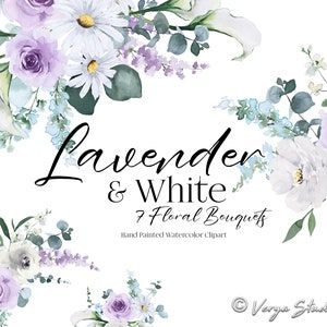 Lavendel & Weiß Aquarell Blumen Clipart Lila Flieder Weiß Blau Blumensträuße Arrangements Calla Lilien Gänseblümchen Blumen Hochzeit DIY PNG