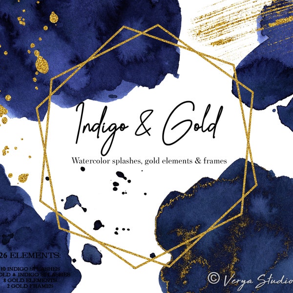 Indigo Blue Watercolor Splashes Clipart Navy Splodges Splatter Clip Art Wedding Clipart Geometric Golden Frames Gold Brush Strokes Shape PNG