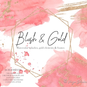 Blush Watercolor Splashes Clipart Shapes Splatter Pink Clipart Wedding Clipart Splotches Splodges Gold Frames Brush Stroke Invitations PNG