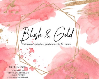 Blush Watercolor Splashes Clipart Shapes Splatter Pink Clipart Wedding Clipart Splotches Splodges Gold Frames Brush Stroke Invitations PNG