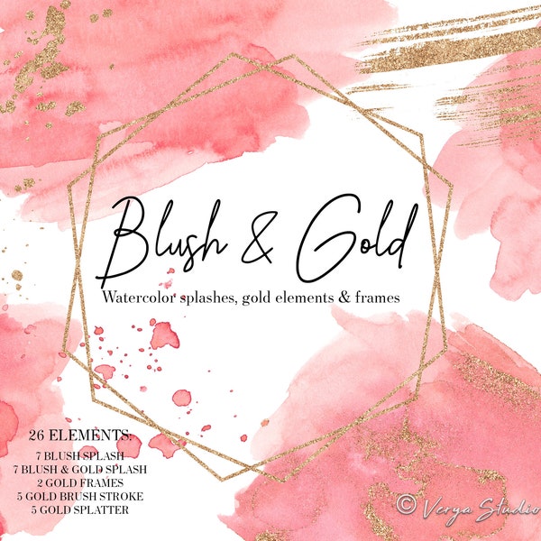 Blush Aquarelle éclaboussures Clipart Formes Splatter Rose Clipart Mariage Clipart Splotches Splodges Or Frames Brush Stroke Invitations PNG