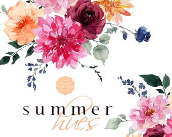 Pink Orange Maroon Floral Clipart Watercolor Flowers Clip Art Wine Red Navy Bouquet Wedding Graphics Spring Fall Summer Roses Dahlia PNG