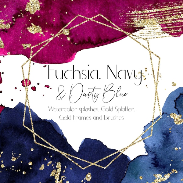 Fuchsia Navy Watercolor Splashes Clipart Pink Blue Watercolor Washes Blotches Splatter Gold Geometric Frame Brush Strokes Wedding Clipart