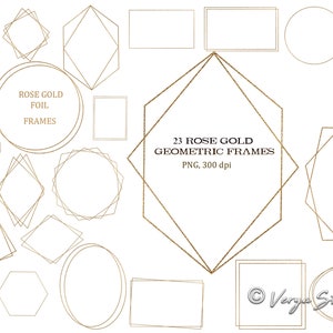 Set di clipart PNG con cornici geometriche in oro rosa, sovrapposizioni di cornici in oro rosa, clipart di nozze, inviti, elementi di design, cornici dorate, digitale