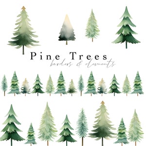 Pini Clipart Alberi di Natale Clip Art Acquerello Pino Bordi Foresta sempreverde Grafica invernale Cartoline di Natale Fai da te PNG stampabile