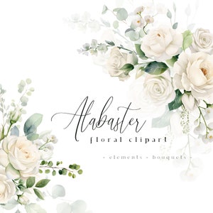 Alabaster Floral Clipart, White Flowers Clip Art, Cream Watercolor Flower PNG, Ivory Bouquets, Wedding Flowers, Spring Summer Fall Graphics
