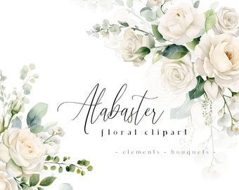 Clipart floral albâtre, clipart fleurs blanches, fleur aquarelle crème PNG, bouquets ivoire, fleurs de mariage, graphiques printemps été automne