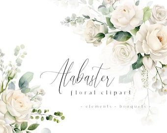 Könnte beinhalten: Aquarell-Illustration eines weißen Blumenstraußes mit grünen Blättern und weißen Blüten. Der Text "Alabaster floral clipart - elements - bouquets -" befindet sich unter dem Strauß.