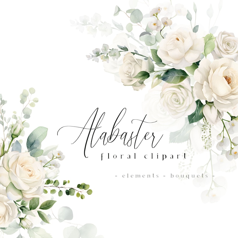 Alabaster Floral Clipart, White Flowers Clip Art, Cream Watercolor Flower PNG, Ivory Bouquets, Wedding Flowers, Spring Summer Fall Graphics image 1