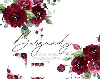 May include: Watercolor illustrations of burgundy roses and greenery in a floral frame, bouquet, and border design. The text "Burgundy" is written in cursive script.  Floral Frames, Bouquets, Border 9 PNG.