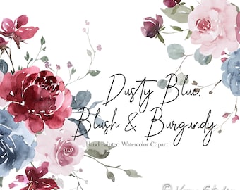 Dusty Blue Blush Burgundy Watercolor Flowers Clipart Dusty Rose Wine Red Floral Clip Art Wedding Clipart Bridal Graphics Bouquets Printable