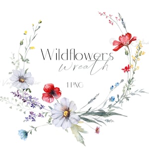 Clipart de coroa de flores silvestres em aquarela, coroa botânica, clipart floral, clipart de flores silvestres em aquarela, pequenas flores, gráficos de casamento png