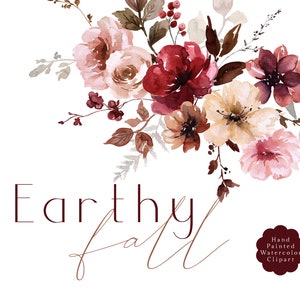 Marsala Burgundy Fall Floral Clipart - Flores em aquarela, Floral de outono, Clipart de outono, Clipart de rosa empoeirada, Gráficos de casamento, Buquês de outono
