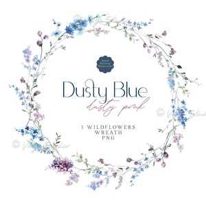 Dusty Blue Wildblumen Kranz Clipart - Aquarell Blumenrahmen, Wildblumen Borte, Wiese Wildblumen, Altrose Rosa, Mauve Hochzeit