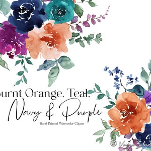 Navy Gebrannte Orange Teal Blumen Clipart Aquarell Floral Clip Art Blau Rost Lila Blumensträuße DIY Hochzeit Grafiken Laub Grün Blätter PNG