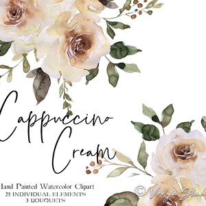 Creme Aquarela Flores Clipart Floral Clip Art Bege Cappuccino Rosas Verdura Convites de Casamento Gráficos Papelaria Uso Comercial PNG