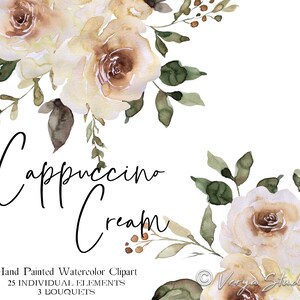 Cream Watercolor Flowers Clipart Floral Clip Art Beige Cappuccino Roses Greenery Wedding Invitations Graphics Stationery Commercial Use PNG