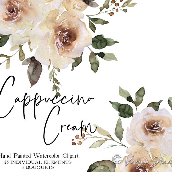 Cream Watercolor Flowers Clipart Floral Clip Art Beige Cappuccino Roses Greenery Wedding Invitations Graphics Stationery Commercial Use PNG