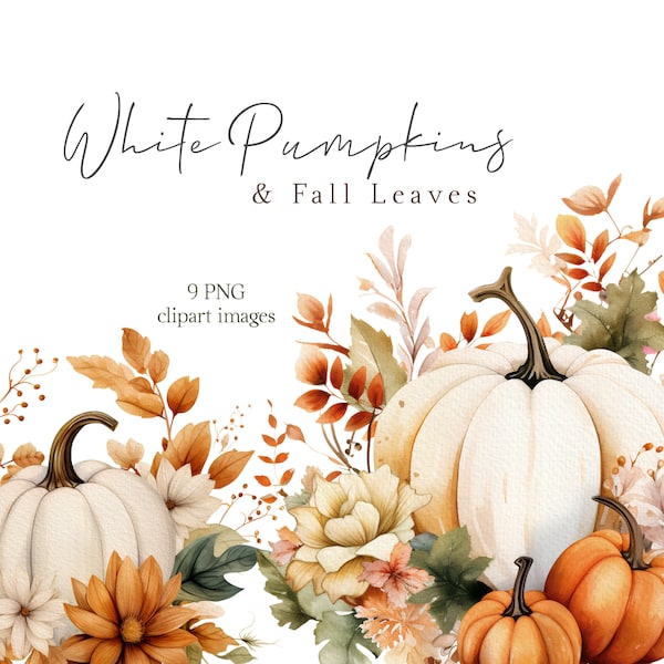 White Orange Fall Clipart Watercolor Pumpkins Clip Art Floral Autumn Leaves Arrangements 9 PNG Thanksgiving Harvest Graphics