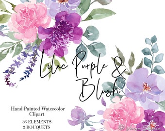 May include: Watercolor clipart featuring a bouquet of purple and pink flowers, including peonies, lavender, and eucalyptus leaves. The text "Lilac Purple & Blush" is written in black cursive.