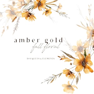 Âmbar Ouro Floral Clipart Aquarela Flores Silvestres Clip Art Mostarda Amarelo Marrom Buquê de Flores Verão Outono Convites Gráficos 42 PNG