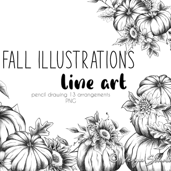 Fall Clip Art Autumn Clipart Pencil Line Art Drawing Arrangements Compositions Pumpkins Leaves Flowers Sunflowers Wedding Thanksgiving PNG