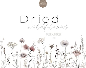 Fall Floral Border Clipart Watercolor Wild Flowers Border Dried Flower Clip Art Neutral Autumn Floral Borders Invitations Cards Graphics PNG