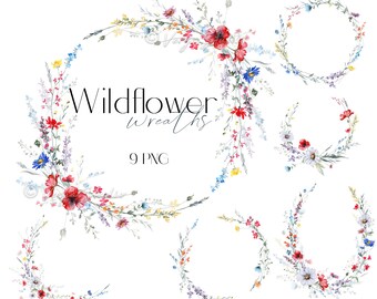 Wild Flowers Watercolor Clipart Wildflowers Wreaths Clip Art Botanical Floral Frame Wedding Graphics Summer Tiny Field Blooms Wedding 9 PNG