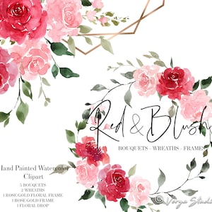 Rouge Blush Aquarelle Floral Clipart Cadres Couronne Bouquets Rose Or Cadre Mariage Clipart Bourgogne Rose Graphiques DIY Invitations Fleurs