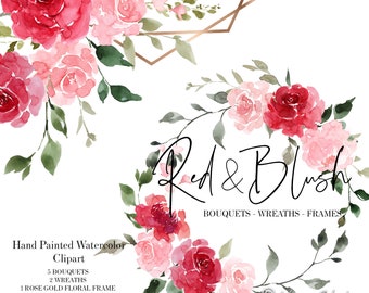 Red Blush Watercolor Floral Clipart Frames Wreath Bouquets Rose Gold Frame Wedding Clipart Burgundy Pink Graphics DIY Invitations Flowers