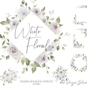 Blumenrahmen Aquarell Blumen Clipart Weiß Creme Elfenbein Rosen Grün Rahmen Kranz Blumenstrauß Hochzeit Clip Art Brautdusche druckbare PNG