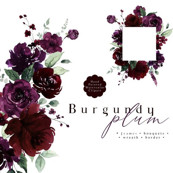 Plum Burgundy Floral Clipart Watercolor Flowers Clip Art Borders Wreath Frames Bouquet Purple Red Spring Summer Fall Roses Bouquets PNG