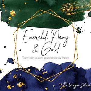 Emerald Navy Gold Watercolor Splashes Clipart Dark Blue Green Washes Gold Frames Golden Brush Strokes Splatter Glitter Wedding Clip Art PNG